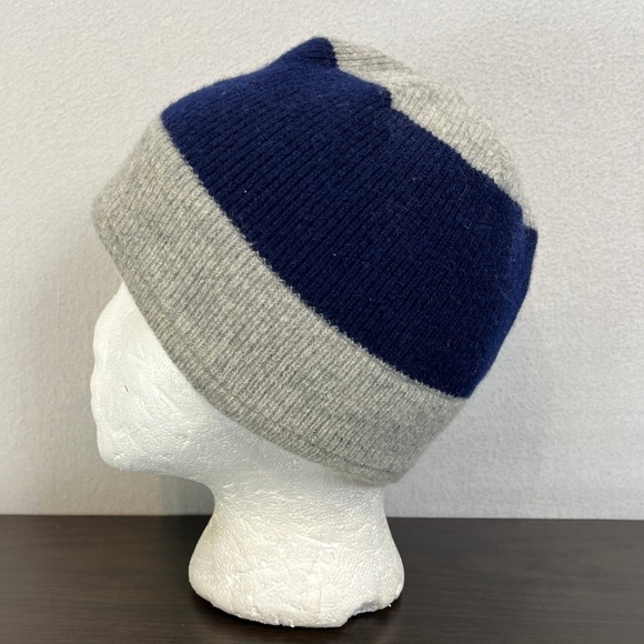 Vintage Striped Beanie Hat Navy Blue Gray 100% Wool Adult One Size Toque - Picture 1 of 8